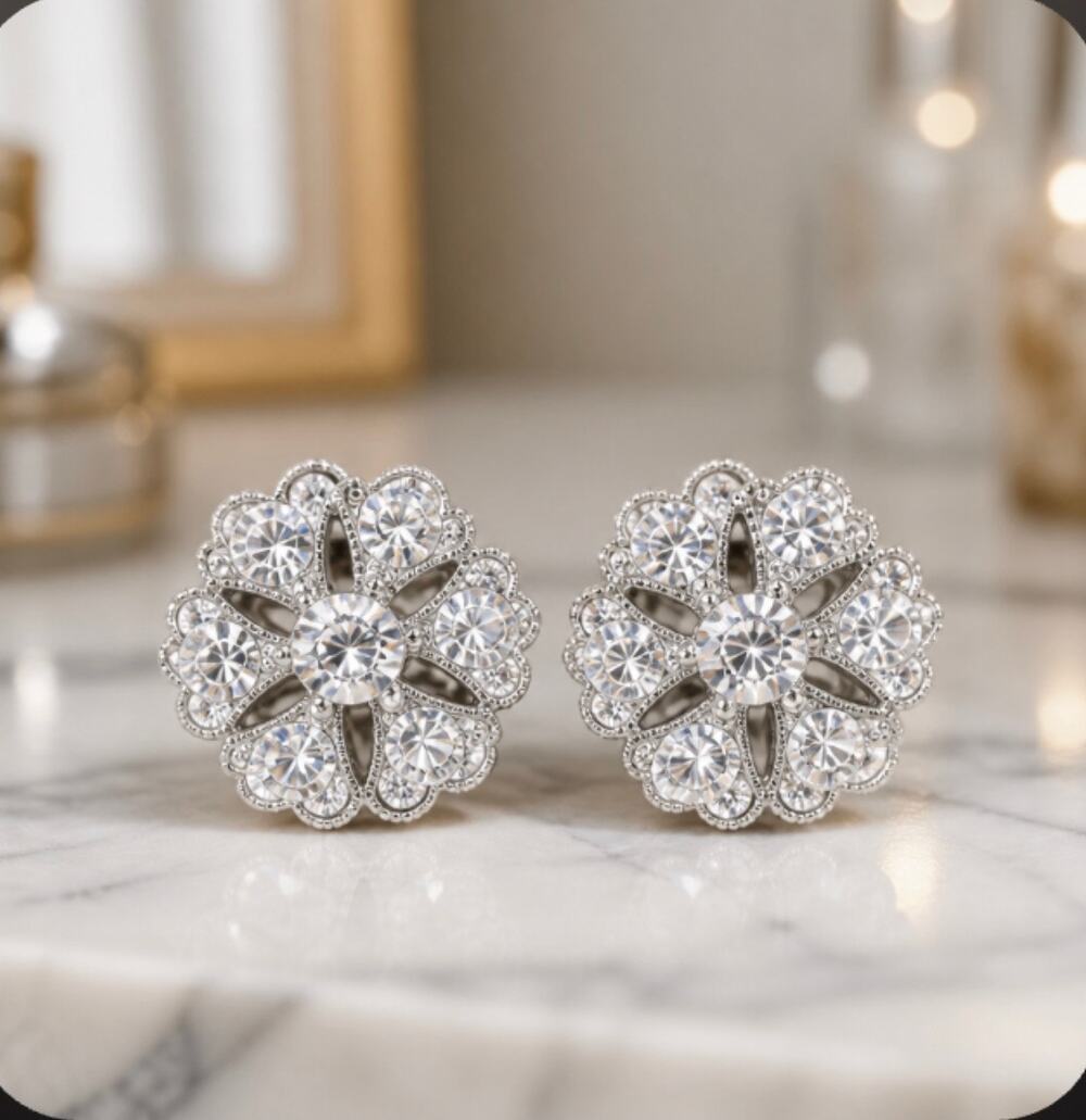 Vintage Silver Floral Rosette Cluster Stud Earrings — Art Deco Milgrain